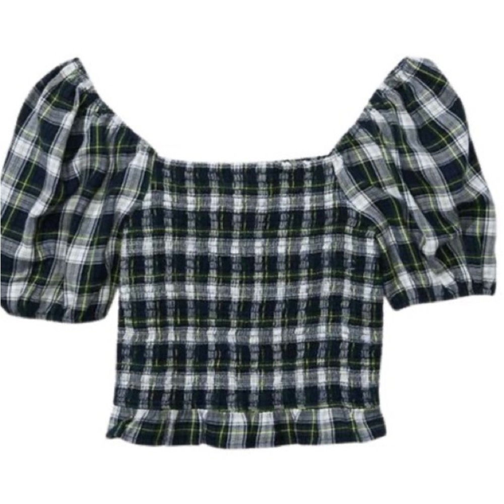 American Eagle Outfitters Black White Green Plaid Smocked Top - Picture 2 of 7